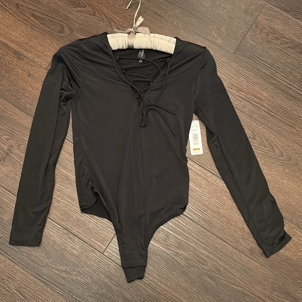 Rene Rofe Black Body Suit Lace Up Detail NWT